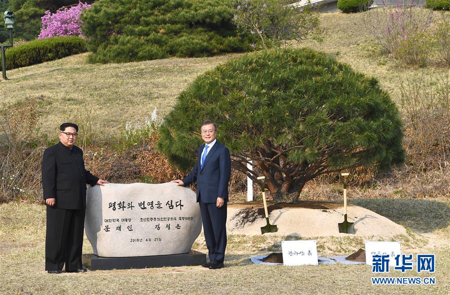 조선 최고지도자 김정은과 한국 대통령 문재인 공동으로 식수식 거행